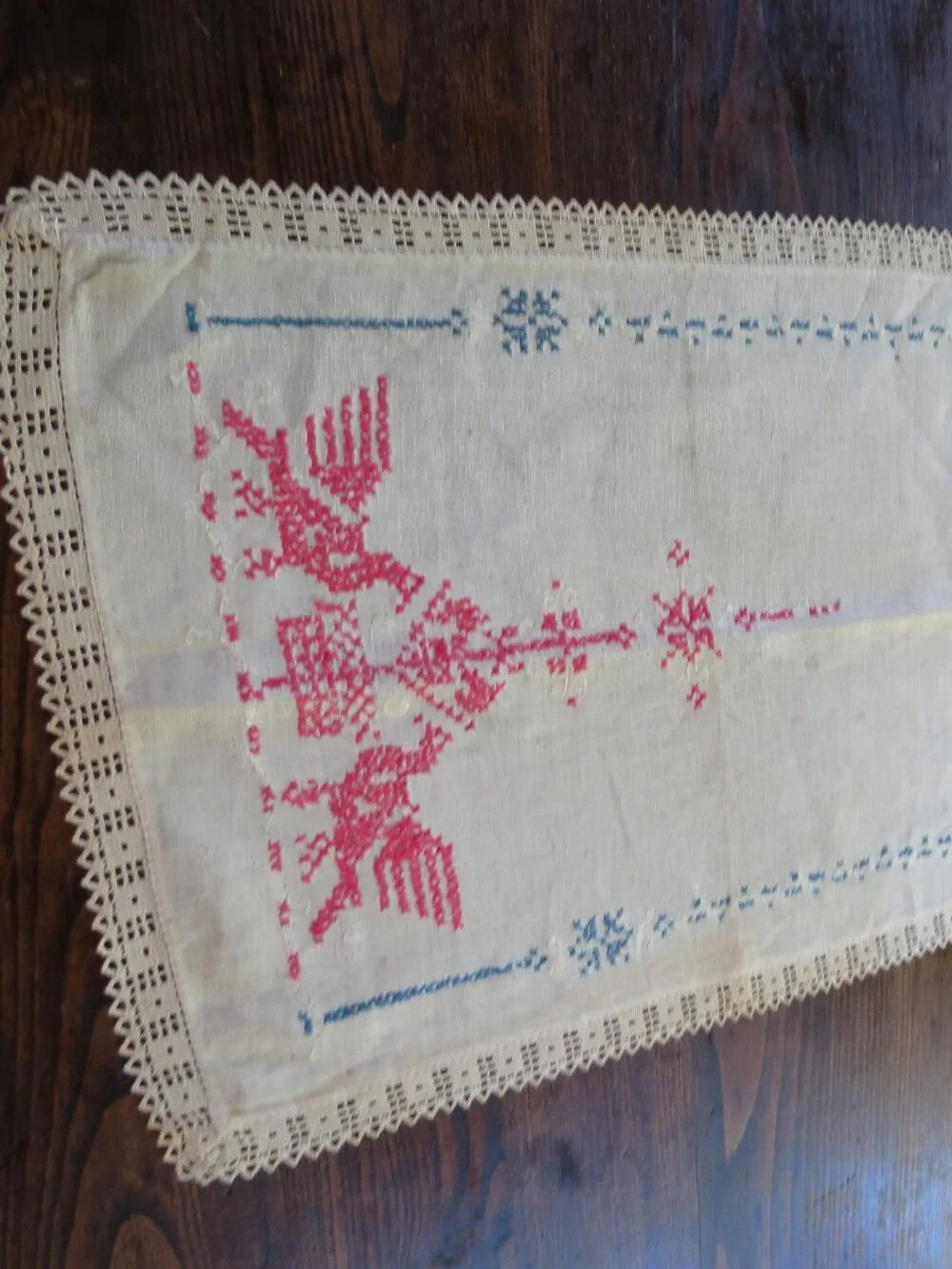 Dragon Bird Vintage Needlepoint Table Runner Linen 46x16.5